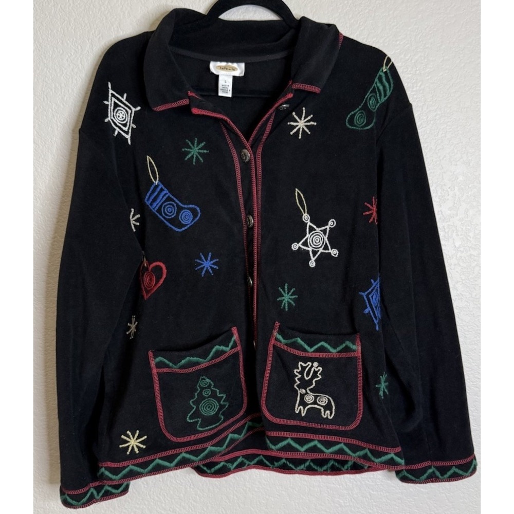 Talbots Womens L Fleece Jacket Black Embroidered Christmas Holiday Reindeer Tree